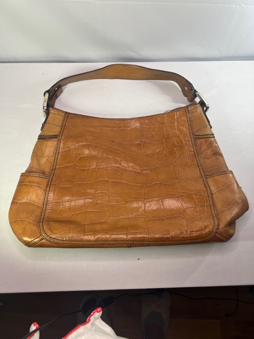 Fossil Croc-Embossed Leather Hobo in Cognac Tan